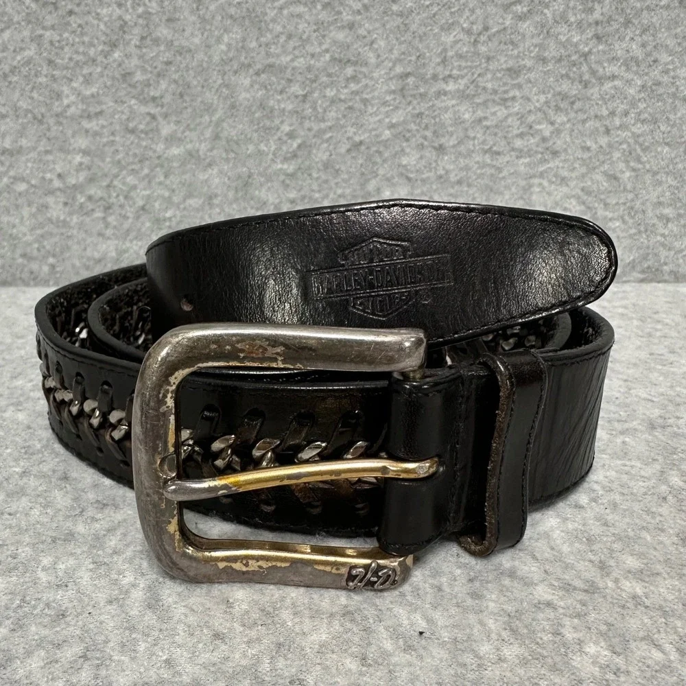 VTG Harley-Davidson Mens Black Leather Chain Link Belt Distressed Biker Logo 38